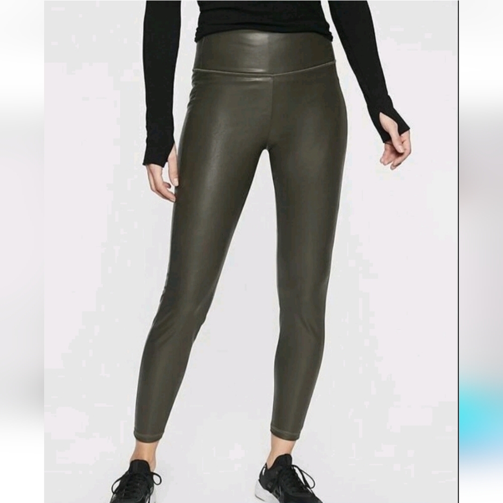 Athleta Womens All Over Glam High Rise Faux Leather Pant Arbor Olive Sz. XL